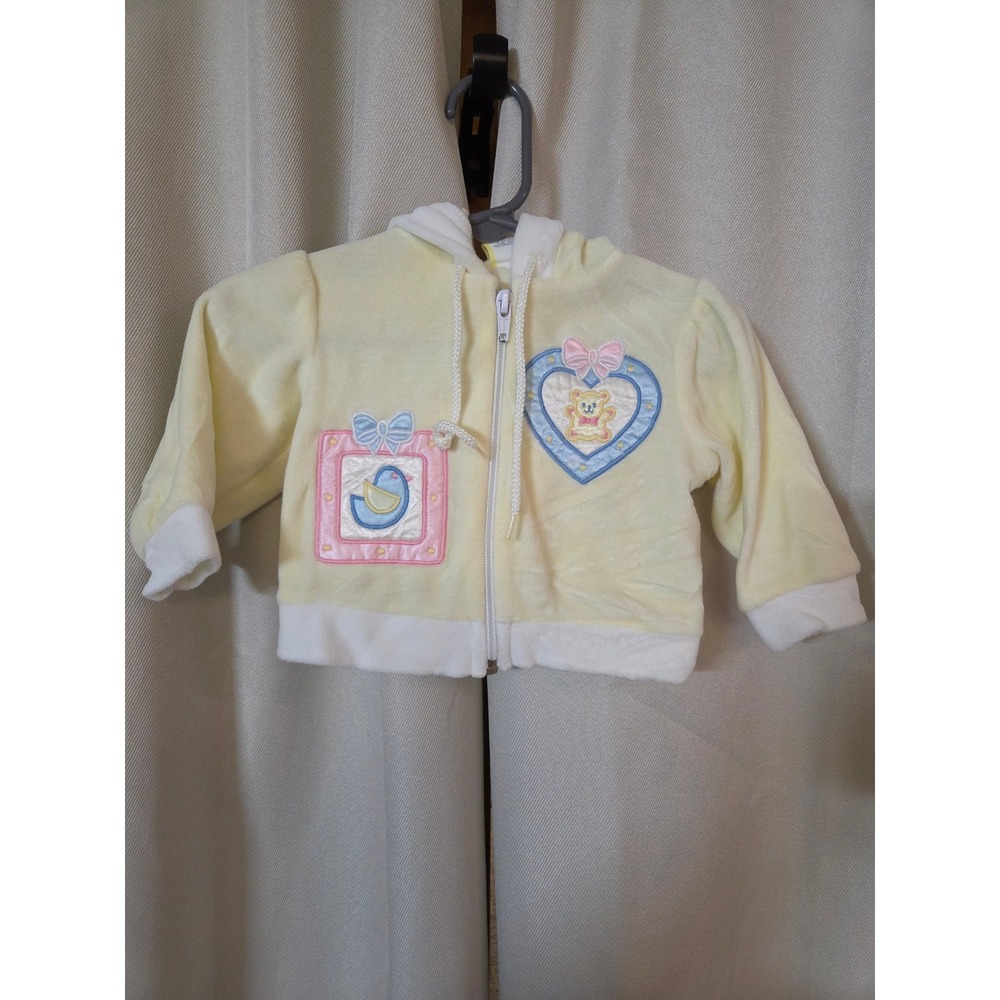Vintage Baby Yellow Zip Up Hoodie Embroidered Bird Teddy Bear 3-6 Months
